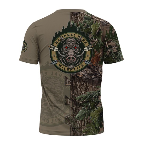 Hunting Short Sleeve T-Shirt Wild Boar Half Forest Full Color Print