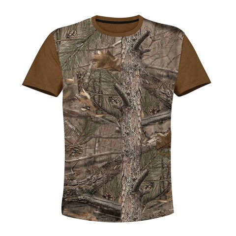 Hunting Short Sleeve T-Shirt Brown Tree Forest Camouflage Print
