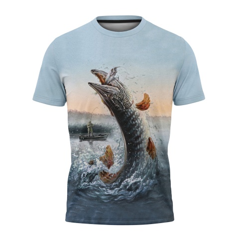 Fishing T-Shirt Short Sleeve Pike Fish Lake Illustration Design