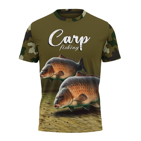 Fishing T-Shirt Short Sleeve Army Green Carp Fish Camouflage Design