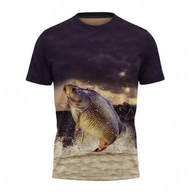 Fishing T-Shirt Short Sleeve Indigo Carp Fish Splash Illustration