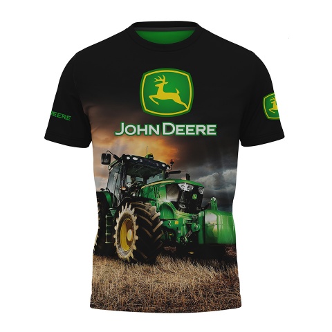 John Deere T-Shirt Black Forest Green Tractor Collage Design