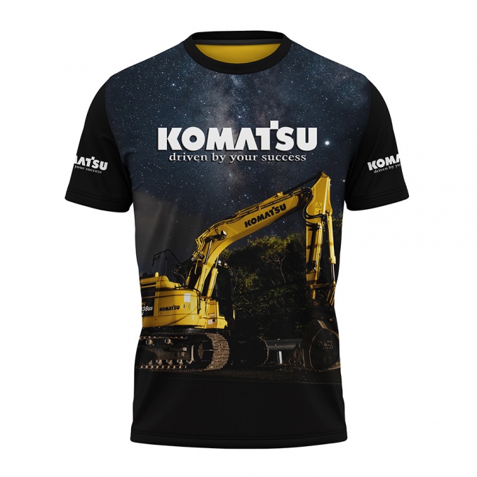 Komatsu T-Shirt Black Yellow Night Sky Excavator Collage