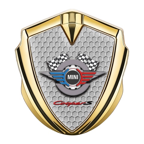 Mini Cooper S Fender Emblem Badge Gold Grey Hex Racing Gears Logo
