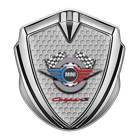 Mini Cooper S Fender Emblem Badge Silver Grey Hex Racing Gears Logo