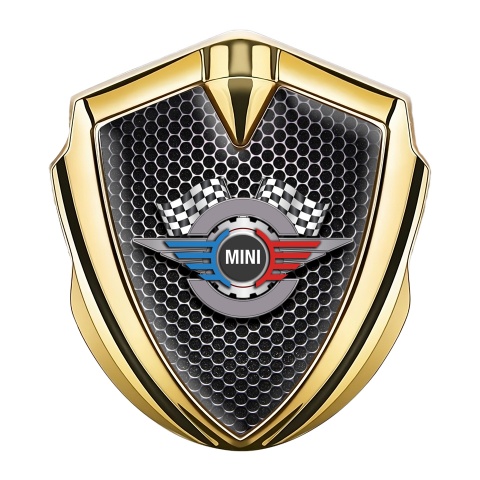 Mini Cooper Trunk Emblem Badge Gold Dark Hexagon Gears Logo Design