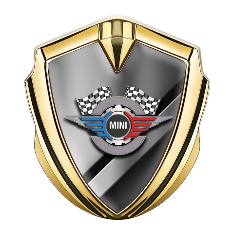 Mini Cooper Fender Emblem Badge Gold Diagonal Plates Racing Gears