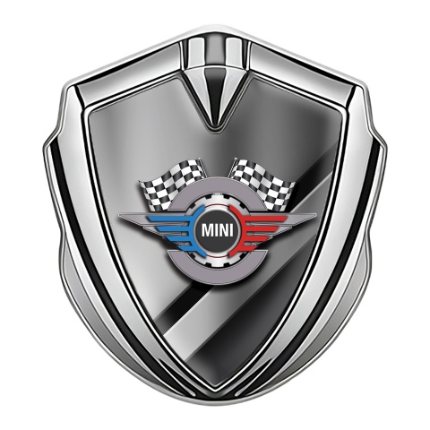 Mini Cooper Fender Emblem Badge Silver Diagonal Plates Racing Gears