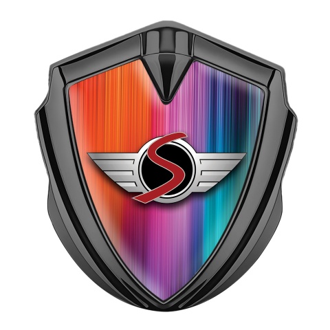 Mini Cooper S Metal Emblem Self Adhesive Graphite Rainbow Lines Edition