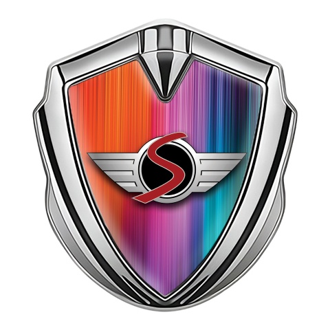 Mini Cooper S Metal Emblem Self Adhesive Silver Rainbow Lines Edition