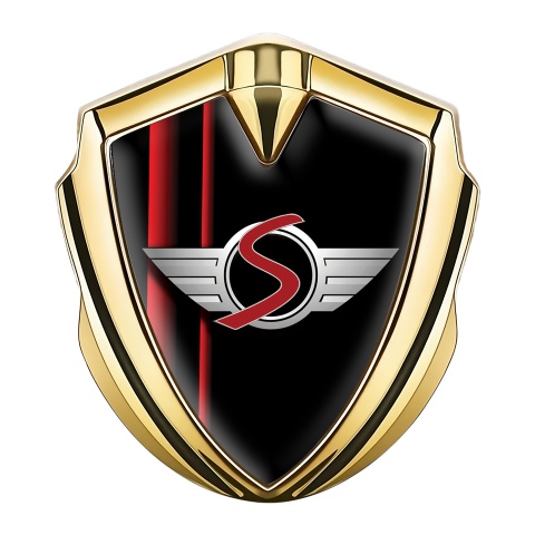 Mini Cooper S Tuning Emblem Self Adhesive Gold Black Red Stripes Design