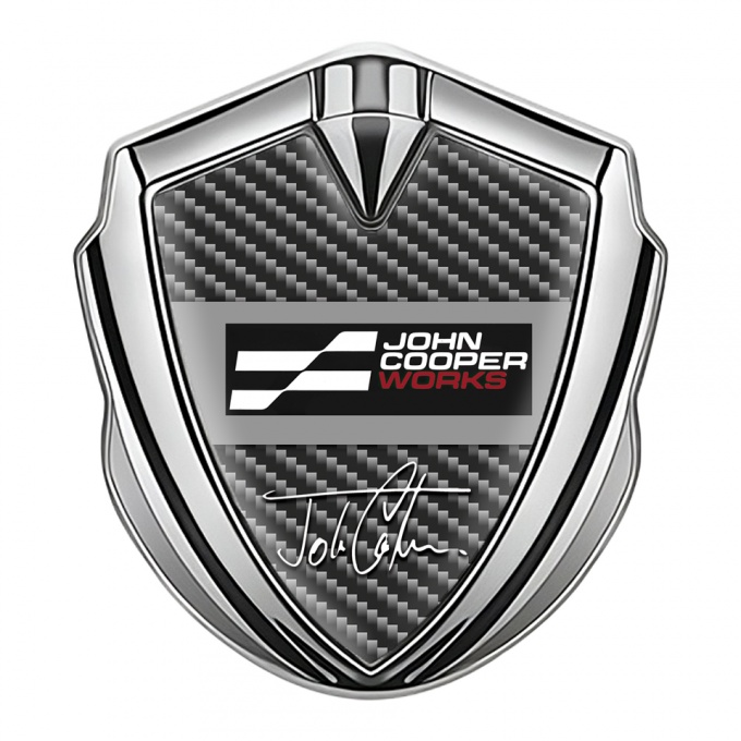 Mini Cooper Emblem Logo Schriftzug Aufkleber Silbertonfarbe Mit Dunkel Carbon Basis und John Cooper Works Logo