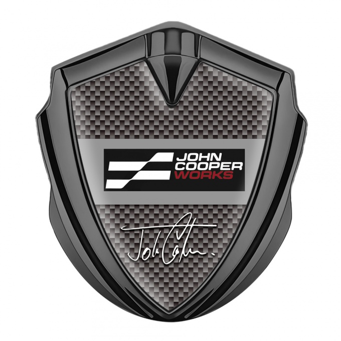 Mini Cooper Seitenflugel Emblem Aufkleber Graphit Tonfarbe Mit Braun Carbon Basis und John Cooper Works Logo