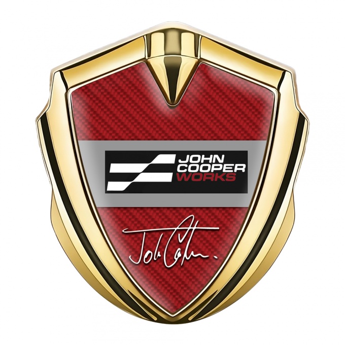 Mini Cooper Emblem Abzeichen selbstklebend mit Goldtonfarbe Mit Rot Kohlenstoff Basis und John Cooper Works Logo