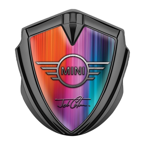 Mini Cooper Emblem Abzeichen selbstklebend Graphit Tonfarbe mit Regenbogeneffekt Basis und John Cooper Stil