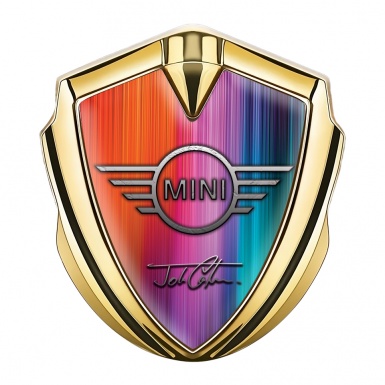 Mini Cooper Emblem Abzeichen selbstklebend Goldtonfarbe mit Regenbogeneffekt Basis und John Cooper Stil