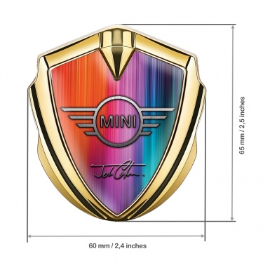 Mini Cooper Emblem Abzeichen selbstklebend Goldtonfarbe mit Regenbogeneffekt Basis und John Cooper Stil