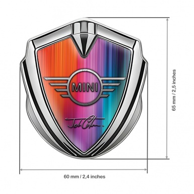 Mini Cooper Emblem Abzeichen selbstklebend Silbertonfarbe mit Regenbogeneffekt Basis und John Cooper Stil