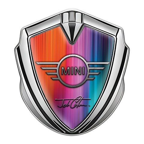 Mini Cooper Emblem Abzeichen selbstklebend Silbertonfarbe mit Regenbogeneffekt Basis und John Cooper Stil