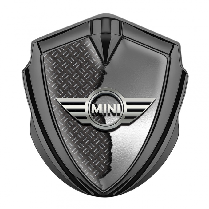 Mini Cooper Abzeichen selbstklebend  Graphit Tonfarbe mit Elemente Zerrissenes Metall Design 