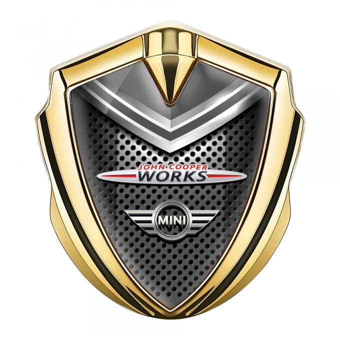 Mini Cooper Emblem Auto Zeichen Goldtonfarbe mit Perforierter Stahl Auflage und John Cooper Logo