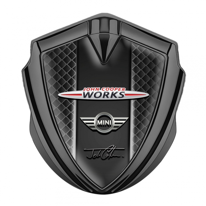 Mini Cooper Selbstklebendes Metallaufkleber Emblem Graphit Tonfarbe mit Dunkles Gitter Basis John Cooper Works Logo