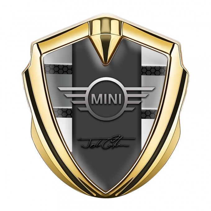 Mini Cooper Abzeichen selbstklebend Goldtonfarbe mit Blindeffekt und John Cooper Unterschrift