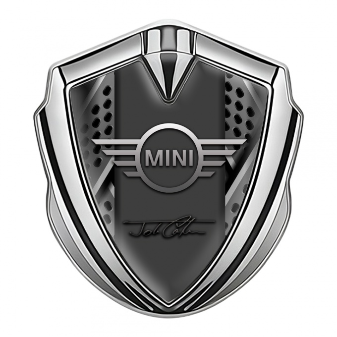 Mini Cooper Emblem Abzeichen selbstklebend Silbertonfarbe mit 3D Graues Panel Auflage