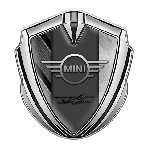 Mini Cooper 3D Car Metal Emblem Silver Greyscale Slabs John Cooper Signature