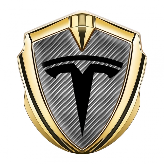 Tesla Self Adhesive Bodyside Emblem Gold Carbon Base Black Logo Design