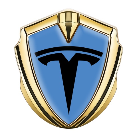 Tesla 3D Car Metal Emblem Gold Blue Base Black Logo Edition