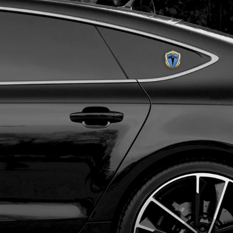 Tesla 3D Car Metal Emblem Gold Blue Base Black Logo Edition