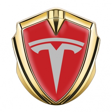 Tesla 3D Car Metal Emblem Gold Red Base Grey Logo Design