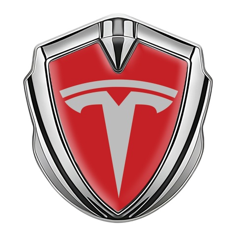 Tesla 3D Car Metal Emblem Silver Red Base Grey Logo Design