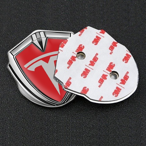 Tesla 3D Car Metal Emblem Silver Red Base Grey Logo Design