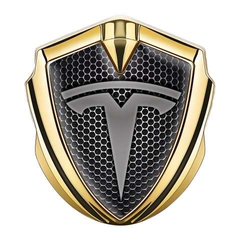 Tesla Fender Emblem Badge Gold Hexagon Base Grey Design