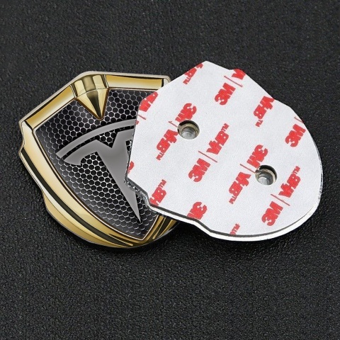 Tesla Fender Emblem Badge Gold Hexagon Base Grey Design