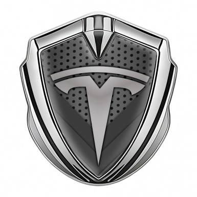 Tesla 3D Car Metal Emblem Silver Grey Dot Grid Logo Edition