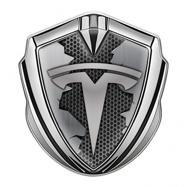 Tesla Tuning Emblem Self Adhesive Silver Cracked Metal Design
