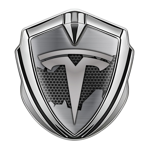 Tesla 3D Car Metal Emblem Silver Dark Hex Cracked Design