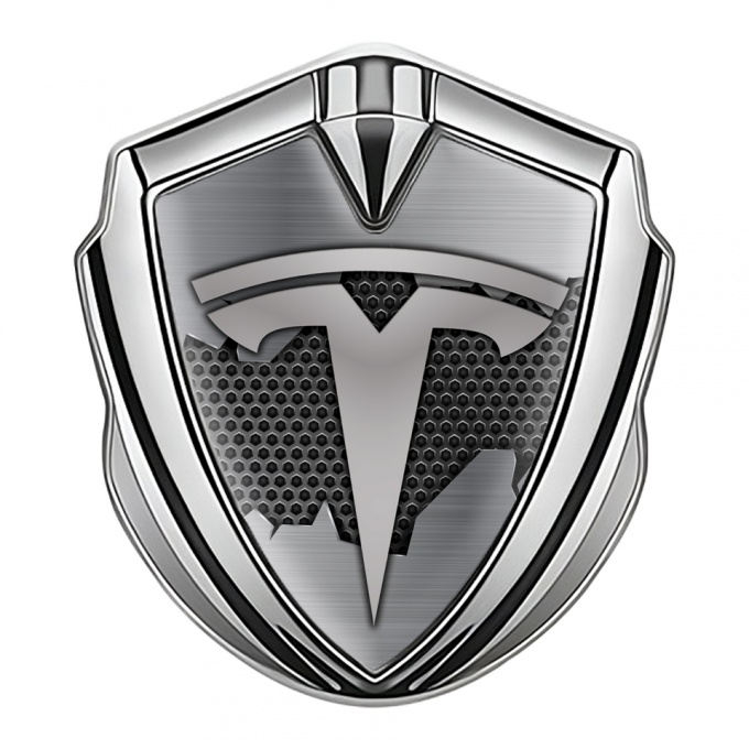 Tesla 3D Car Metal Emblem Silver Dark Hex Cracked Design