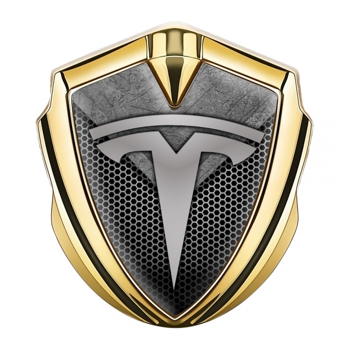 Tesla Fender Badge Gold Dark Hex Scratched Plate Design