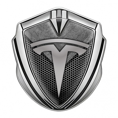 Tesla Fender Badge Silver Dark Hex Scratched Plate Design