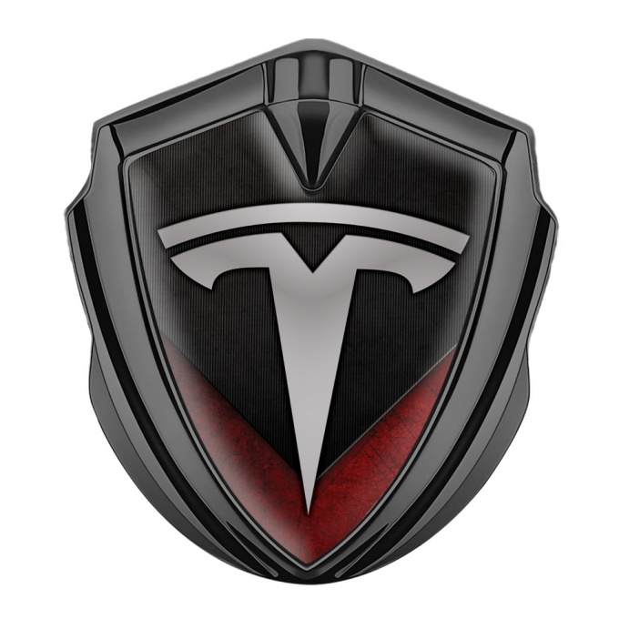 Tesla Fender Metal Emblem Badge Graphite Red V Shaped Design