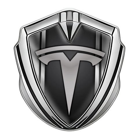 Tesla 3D Car Metal Emblem Silver Metallic Effect Stripes Design