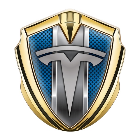 Tesla Trunk Emblem Gold Metallic Stripe Blue Mesh Design