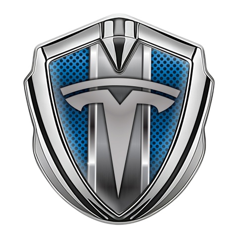 Tesla Trunk Emblem Silver Metallic Stripe Blue Mesh Design