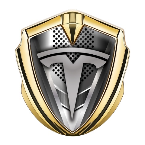 Tesla 3D Car Metal Emblem Gold Grey Mesh Sharp V Template