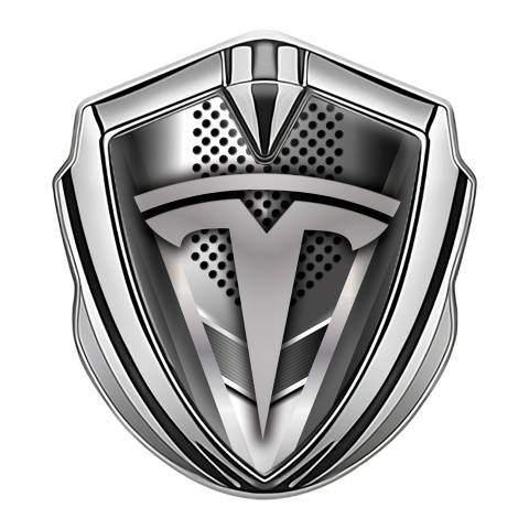 Tesla 3D Car Metal Emblem Silver Grey Mesh Sharp V Template