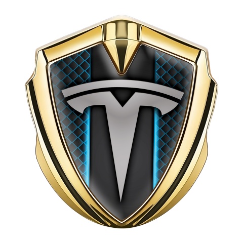 Tesla Trunk Emblem Badge Gold Blue Grid Straight Line Design